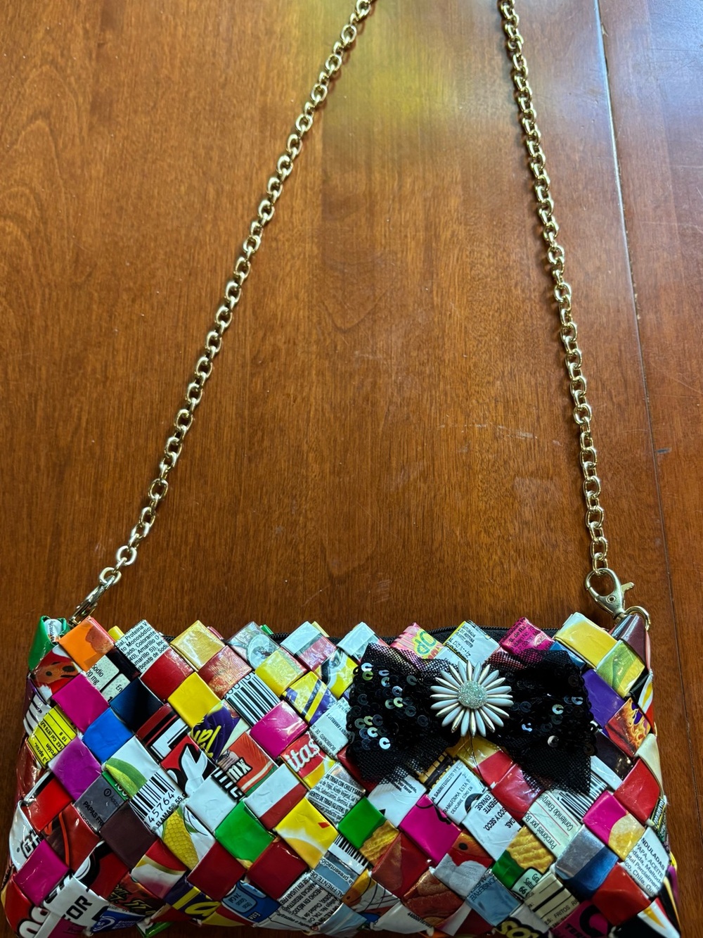 Multicolor Woven Recycled-Print Clutch with Gold Chain